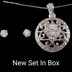 Sterling Clear CZ Round Openwork Pendant Necklace & Stud Earrings Set - Ne…
